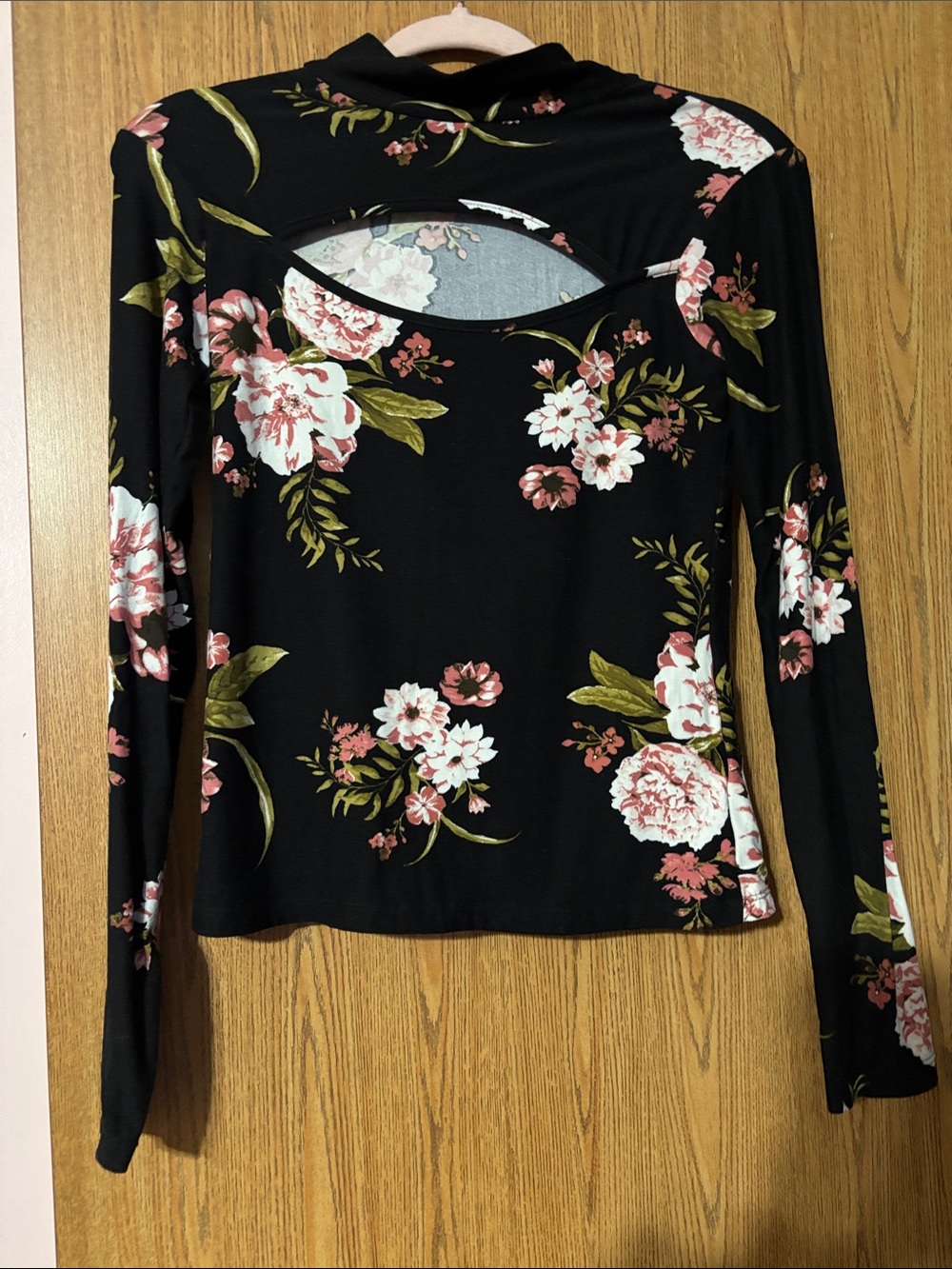 J for Justify Black Floral Long-Sleeve Top with Keyhole Back